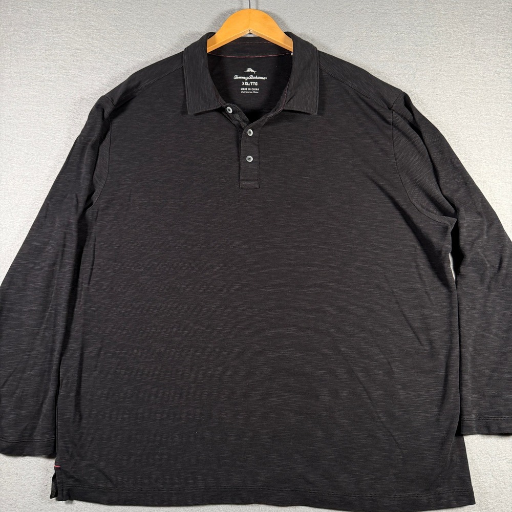 Tommy Bahama Mens XXL Black Tencel Cotton Slub‎ Long Sleeve Polo Shirt T223500